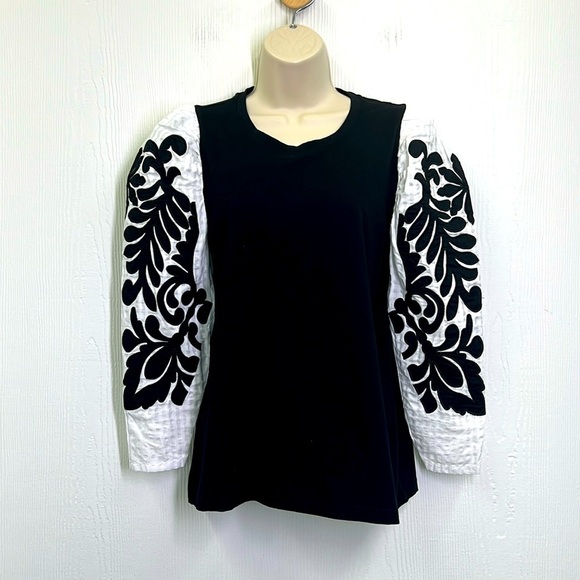 Chicos - Black Crewneck White Jacquard Design Stylish Long Sleeve Top Size Sm - Picture 1 of 10